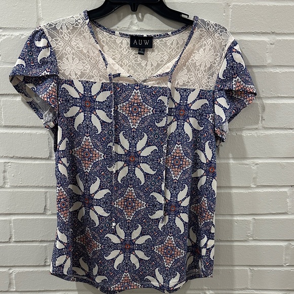 AUW Tops - AUW Women's Floral Blue and White Blouse